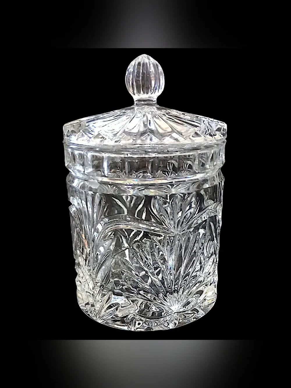 Vintage Crystal Biscuit Jar Candy 6” Lidded Vanity Canister Starburst Glass